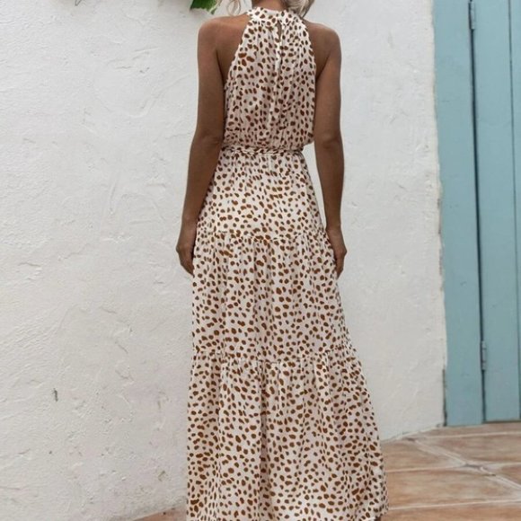 Dalmatian Print Ruffle Hem Belted Halter Dress - Picture 4 of 9
